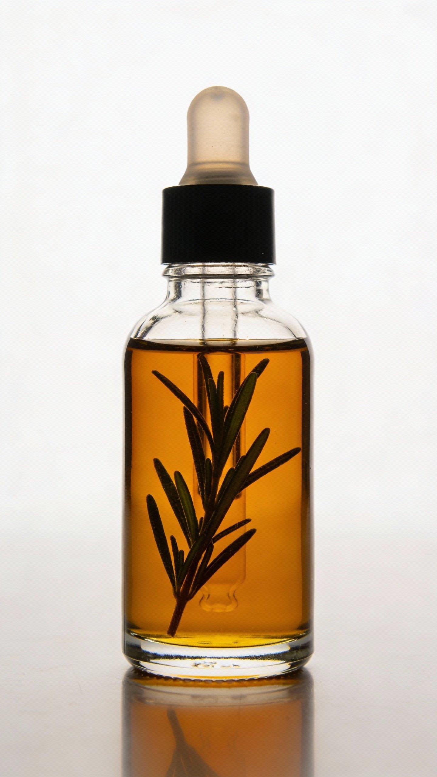 single bottle of rosemary oil dropper on white background