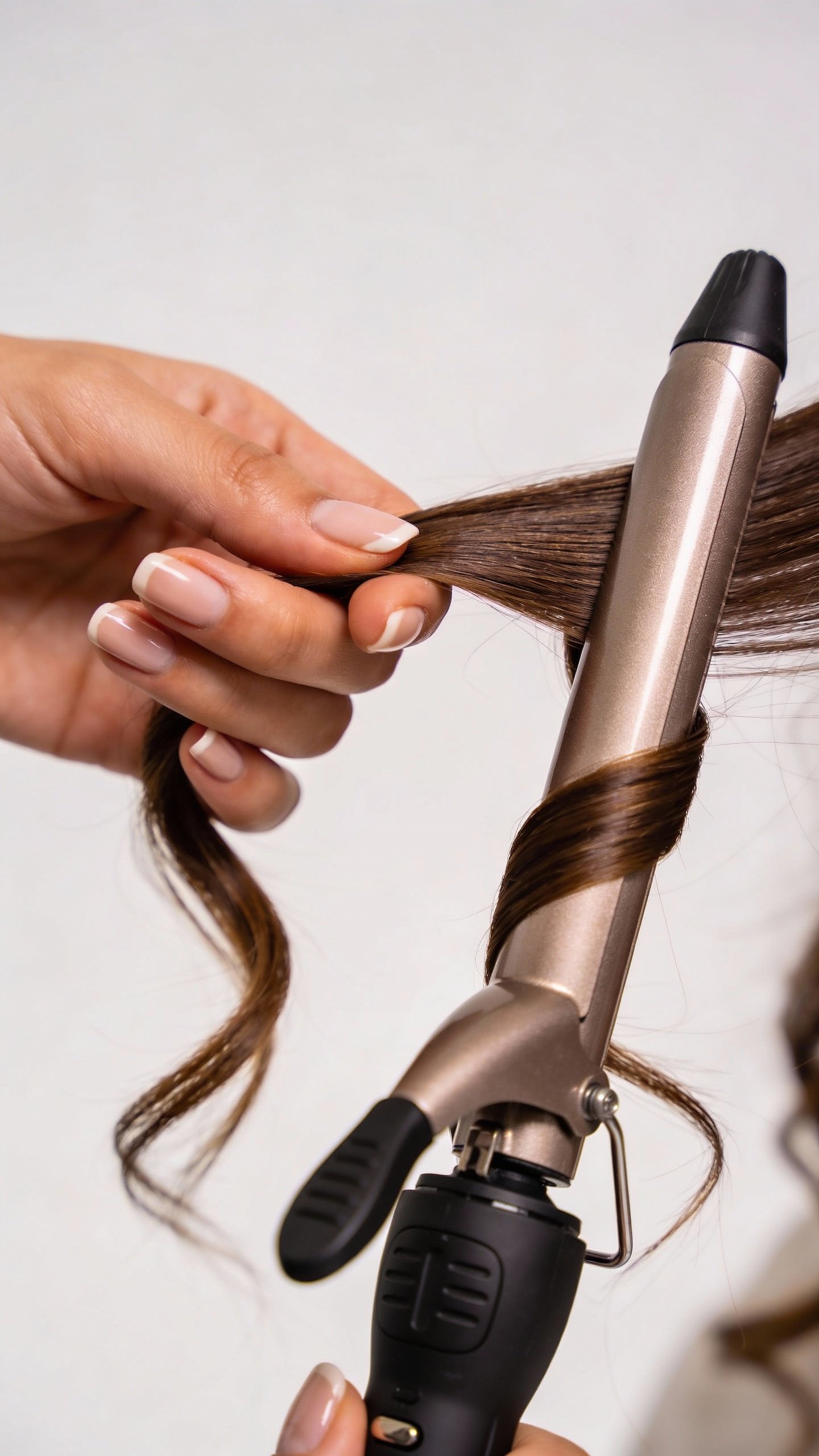 hand twisting hair around flat iron, clean studio closeup