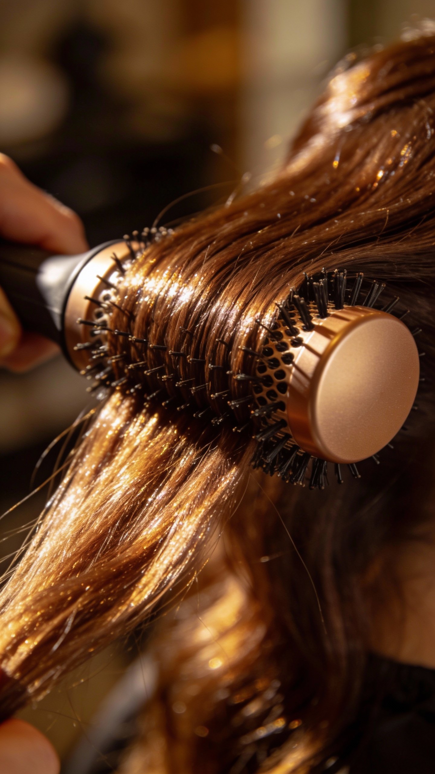 closeup round brush lifting roots during blowout, glossy brunette