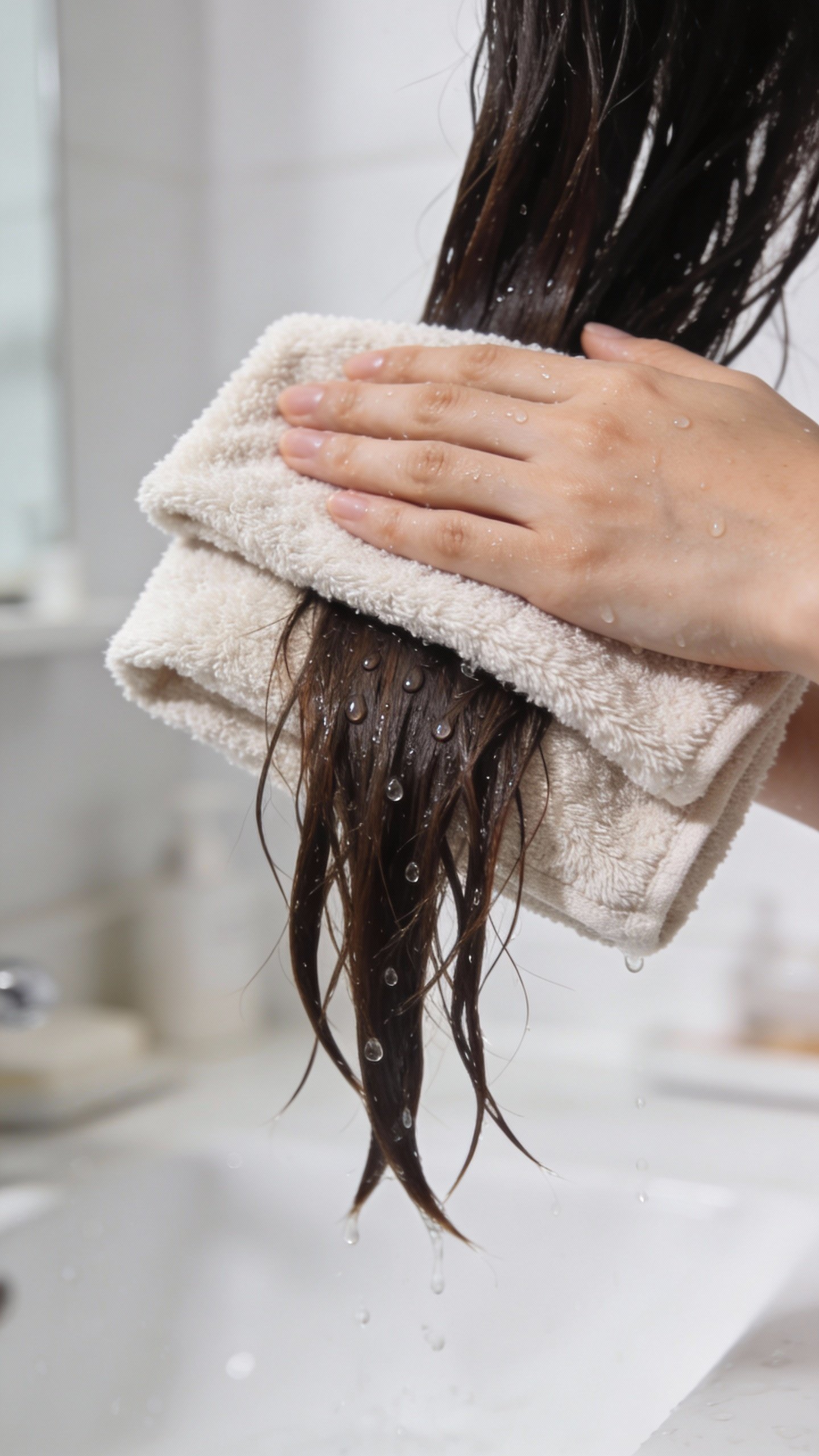 microfiber towel blotting wet hair ends, clean bathroom light