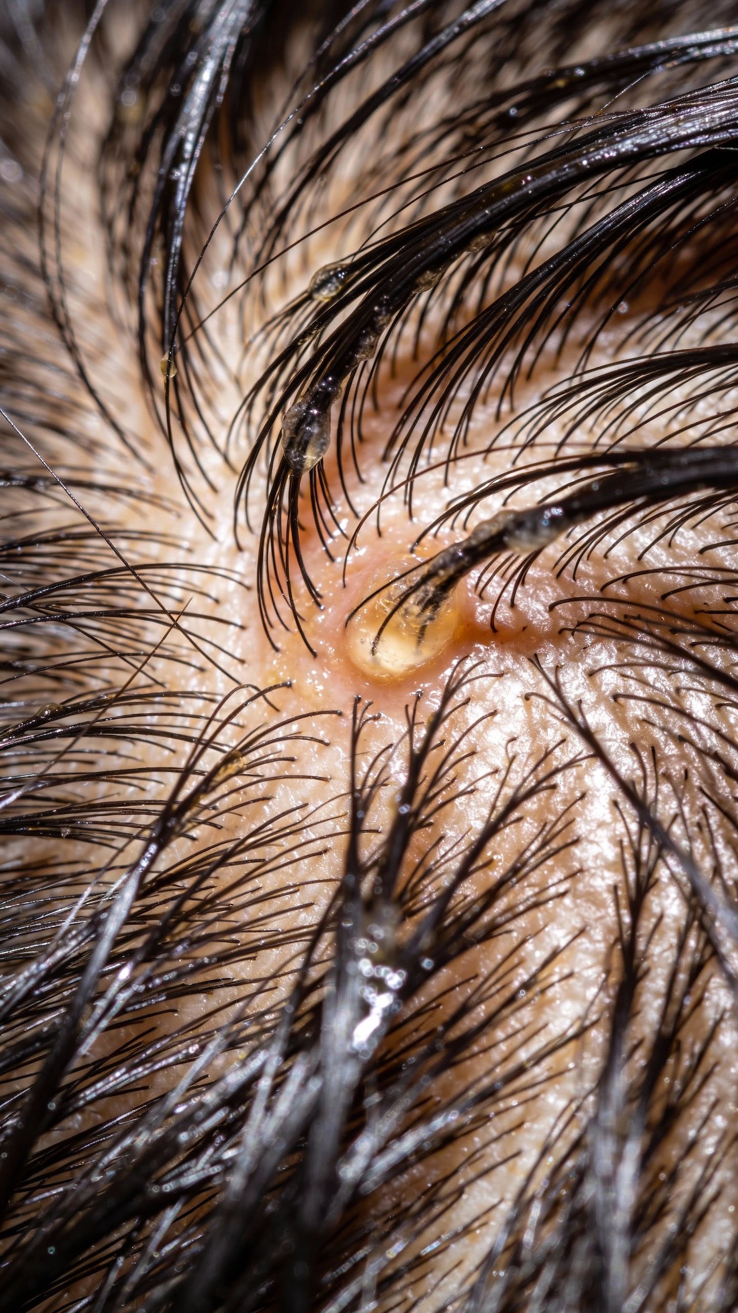 Closeup of oily scalp roots under bright salon lighting