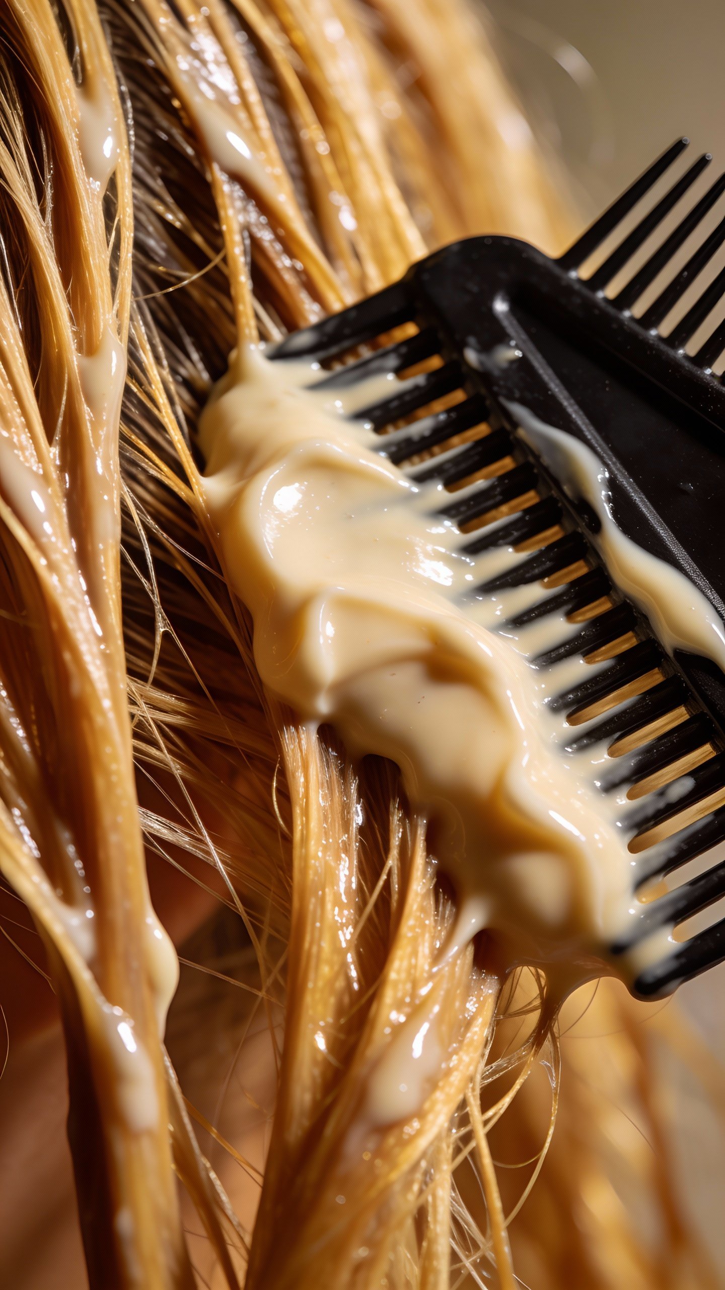 closeup of deep conditioning mask combed through wet hair
