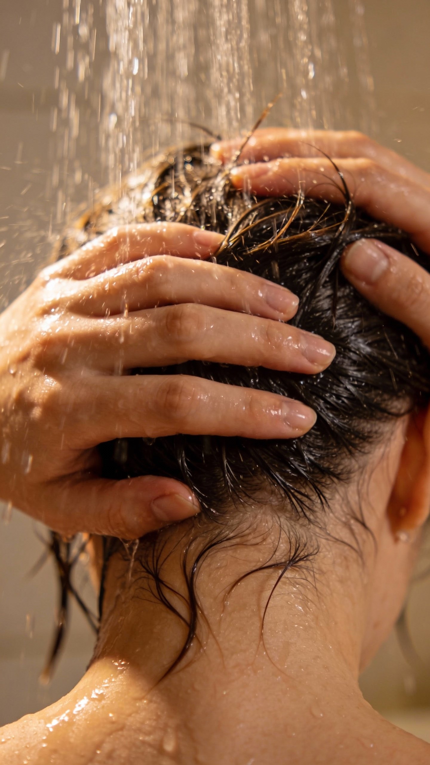 Closeup scalp massage with fingertips under lukewarm shower