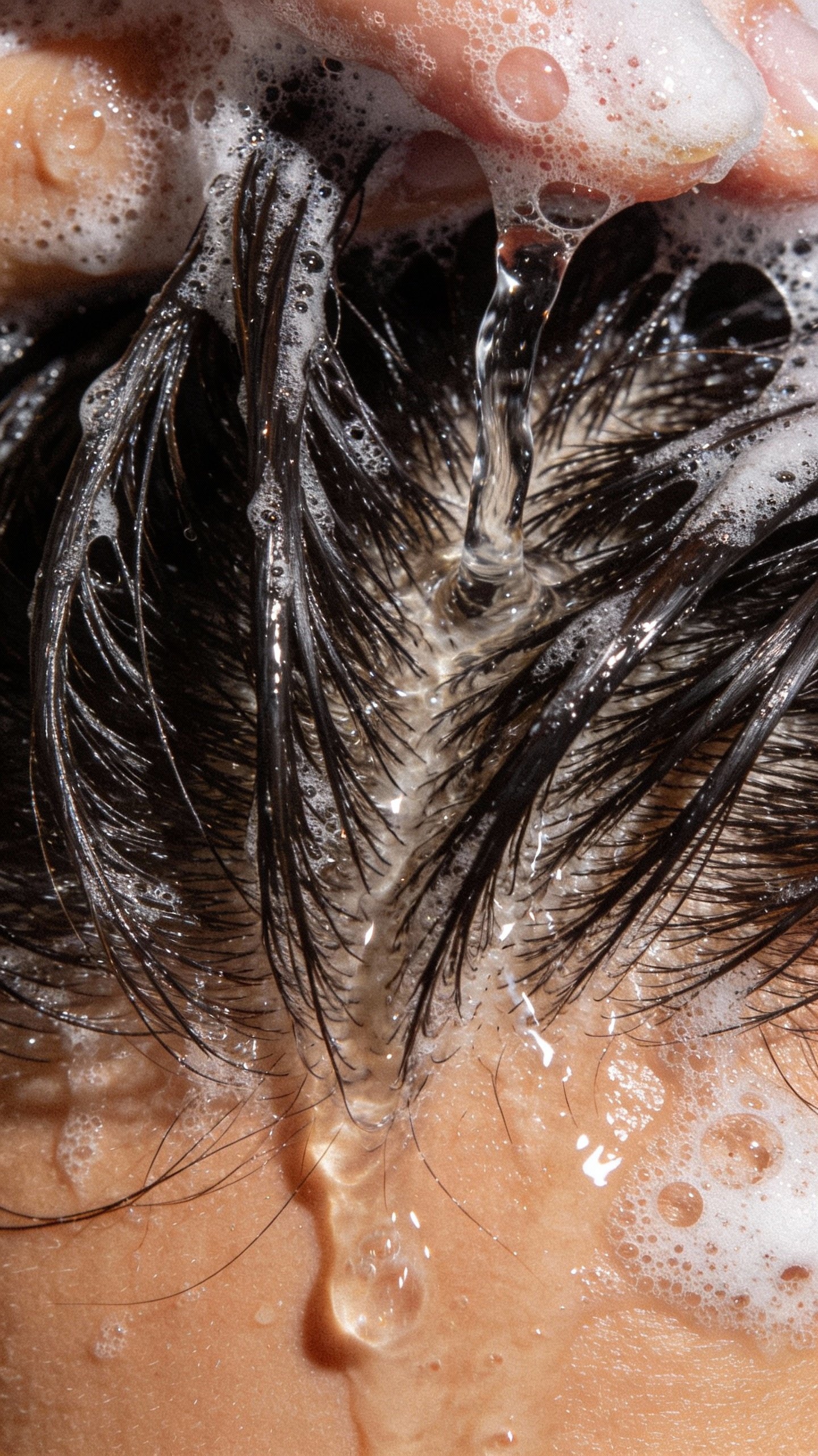Rinsing suds running from roots through hair lengths closeup