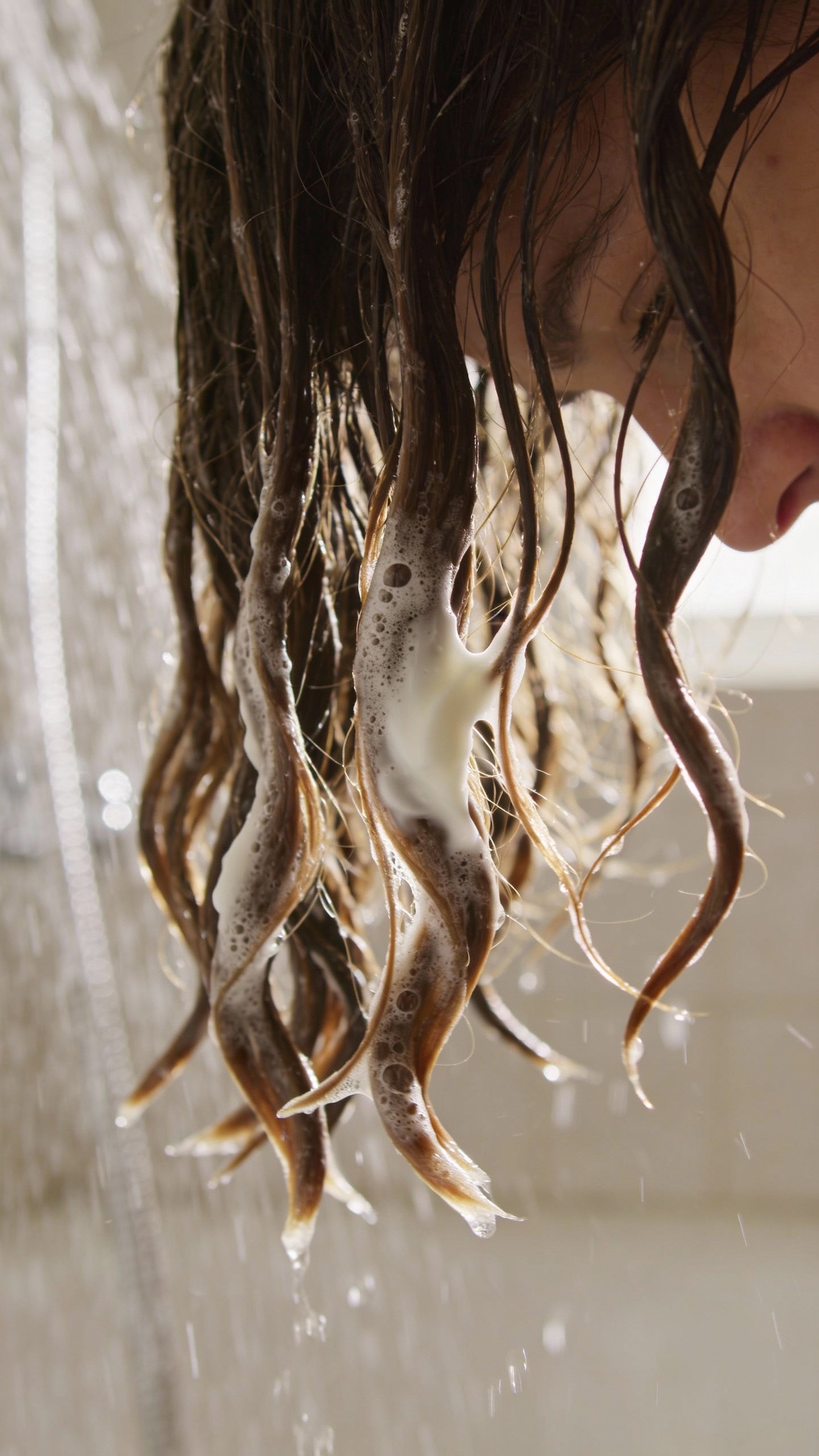 closeup of wavy hair mid-lengths being conditioned in shower