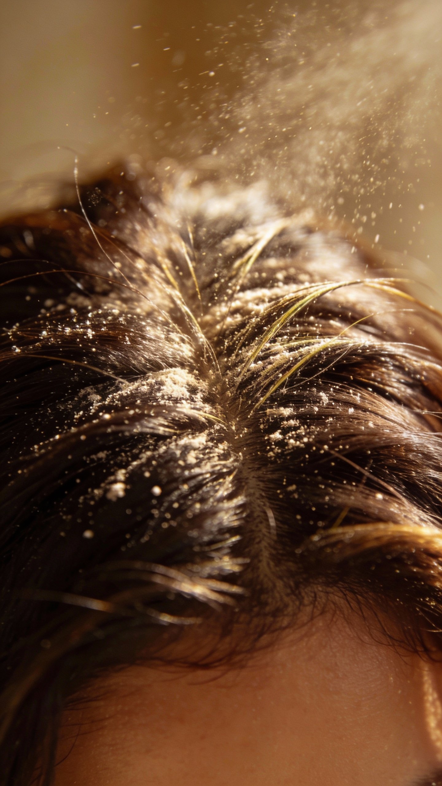 closeup of brunette roots sprayed with dry shampoo
