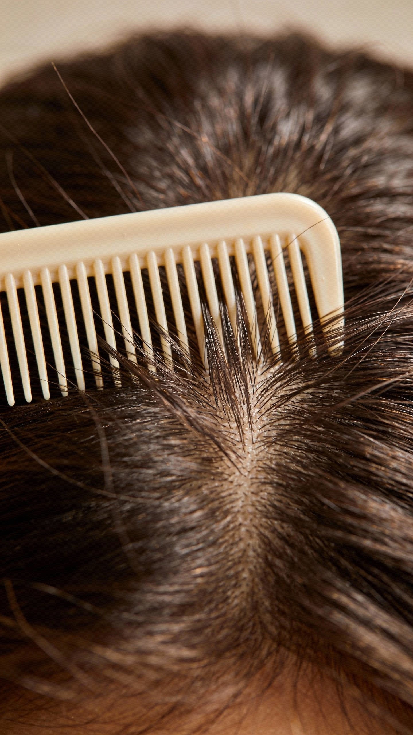 fine-tooth comb teasing crown roots for volume, closeup