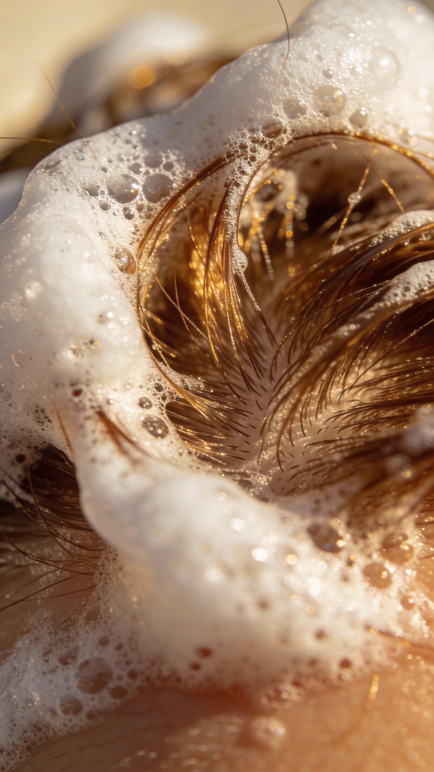 closeup of volumizing shampoo lather at hair roots