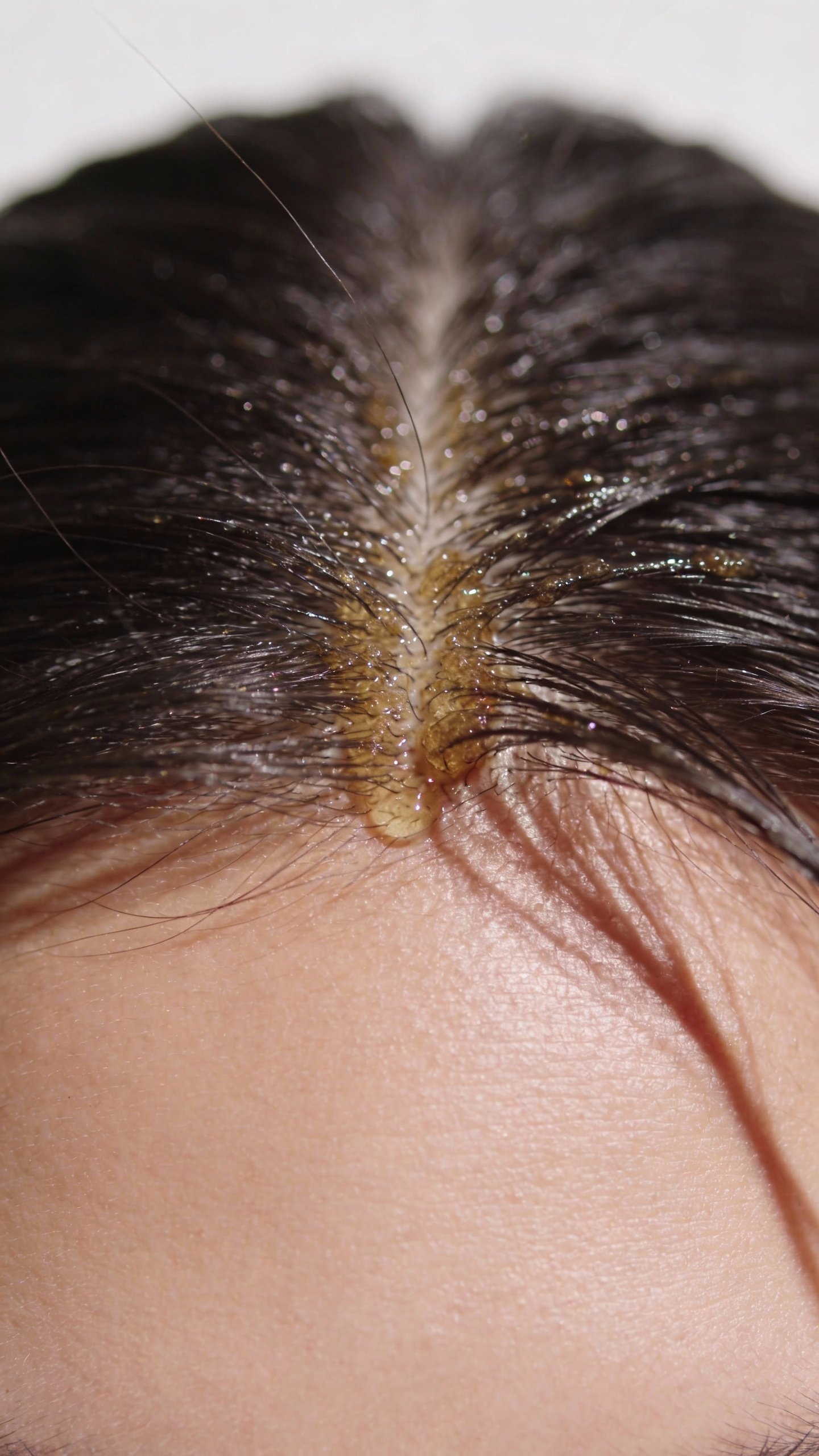 closeup of oily hair roots on parted scalp, studio lighting
